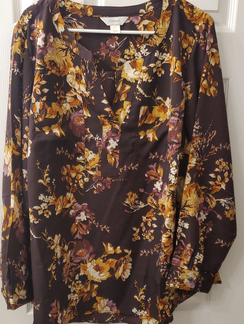 CJ Banks Brown Floral Long-Sleeve Henley Shirt